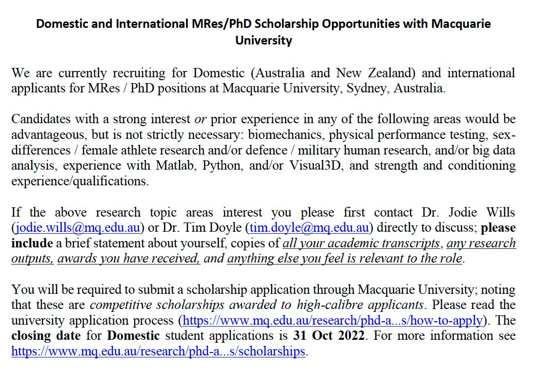Want to study an MRes/PhD? Come and join our growing Exercise Science team! Exciting opportunities available for domestic/intl students in various topic areas!
Contact <a href="/JodieAWills/">Jodie Wills</a> <a href="/tladoyle/">Tim Doyle</a>
#biomechanics #research #sports #science #military <a href="/BioPPEx_MQ/">BioPPEx Research Group</a> <a href="/CEPET_MQ/">CEPET_MQ</a> <a href="/Macquarie_Uni/">Macquarie University</a>