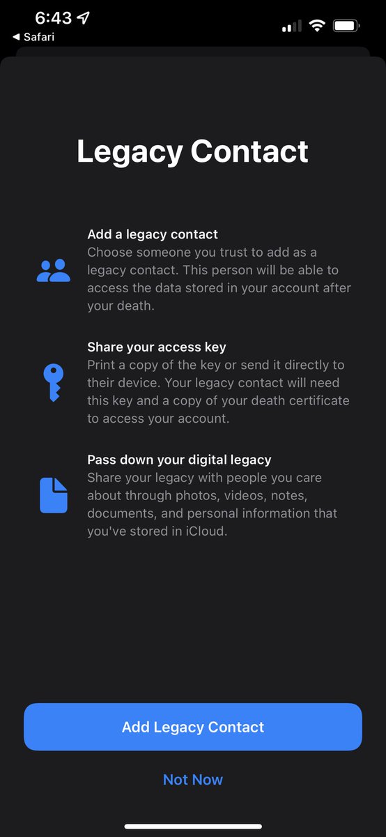 MadeinChynah's tweet photo. Just found out Apple has a setting to send a key to a person of your choice so they can access your phone and iCloud after your death https://t.co/wqNR0ajEEt