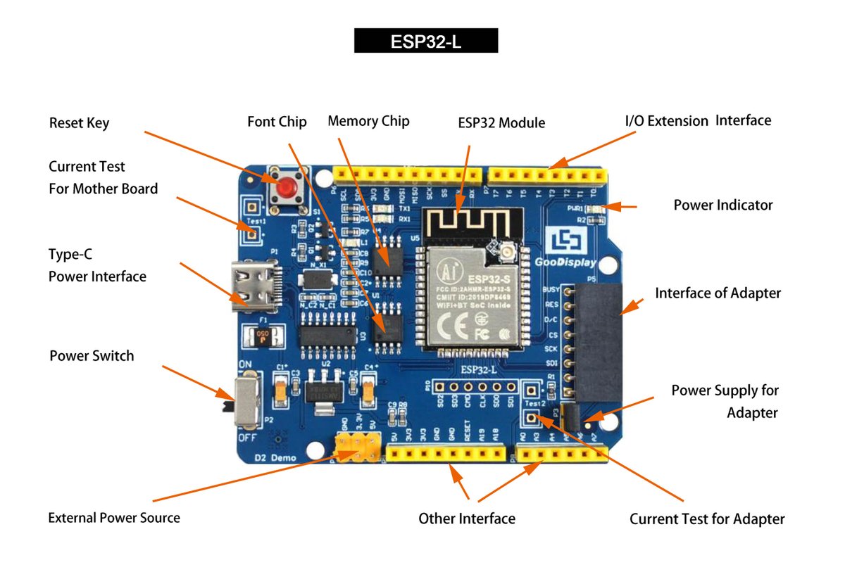 GoodDisplayCN's tweet photo. ESP32-L(C03) for #epaper display: 0.97'', 1.54'',2.13'', 2.6'', 2.7'', 2.9'', 3.7'', 4.2'', 5.83'' and 7.5''.  
Function: WiFi and BLE 
Connect 6pin #FrontLightPanel, #Touchpanel. 
Sold @ 15.58 USD

https://t.co/63BjVc1mOD

#ESP32S #hardwaredevelopment #reflectivedisplay https://t.co/eLO5aIxfMV