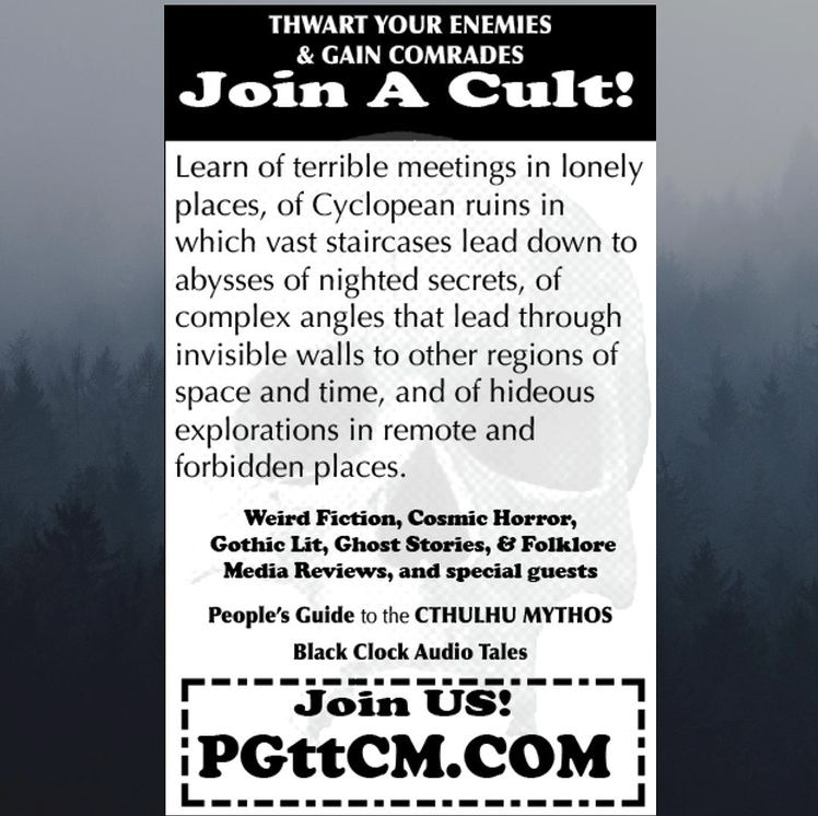 PGttCM's tweet photo. pgttcmdotcom
Wish I could be there w/ everyone. In honor of #necronomiconprovidence2022 #necronomiconprovidence I've opened my back catalog until Nov 1st. Check out the weird fiction. #weirdfiction #hpl #lovecraft #cthulhu #podcasts #horrorpodcasts #audiobooks #joinacult #horror https://t.co/j29B7ylxrG