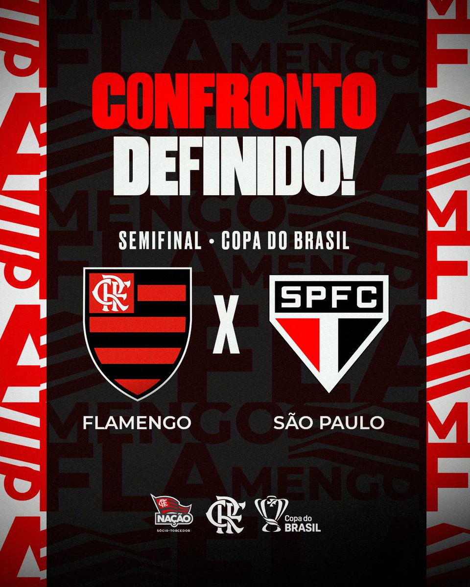 CONFRONTO DEFINIDO! Vamos enfrentar o São Paulo na semifinal da Copa do Brasil. 

VAMOS, FLAMENGO! 🔴⚫

#CRF #VamosFlamengo