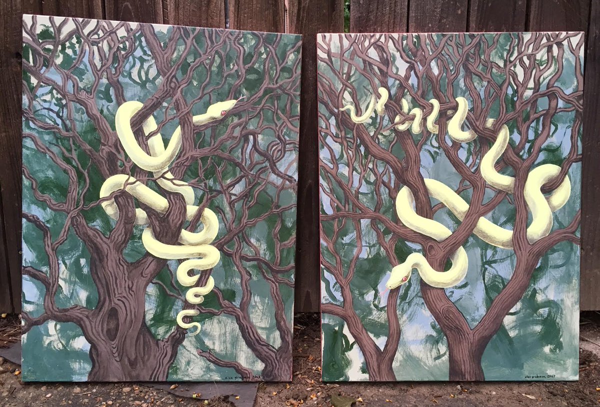 Unbeknownst to me, as I painted these serpents during the eclipse on August 21, 2017, my next door neighbor was being murdered. I wrote about it here: alexngraham.com/HOMICIDE.html