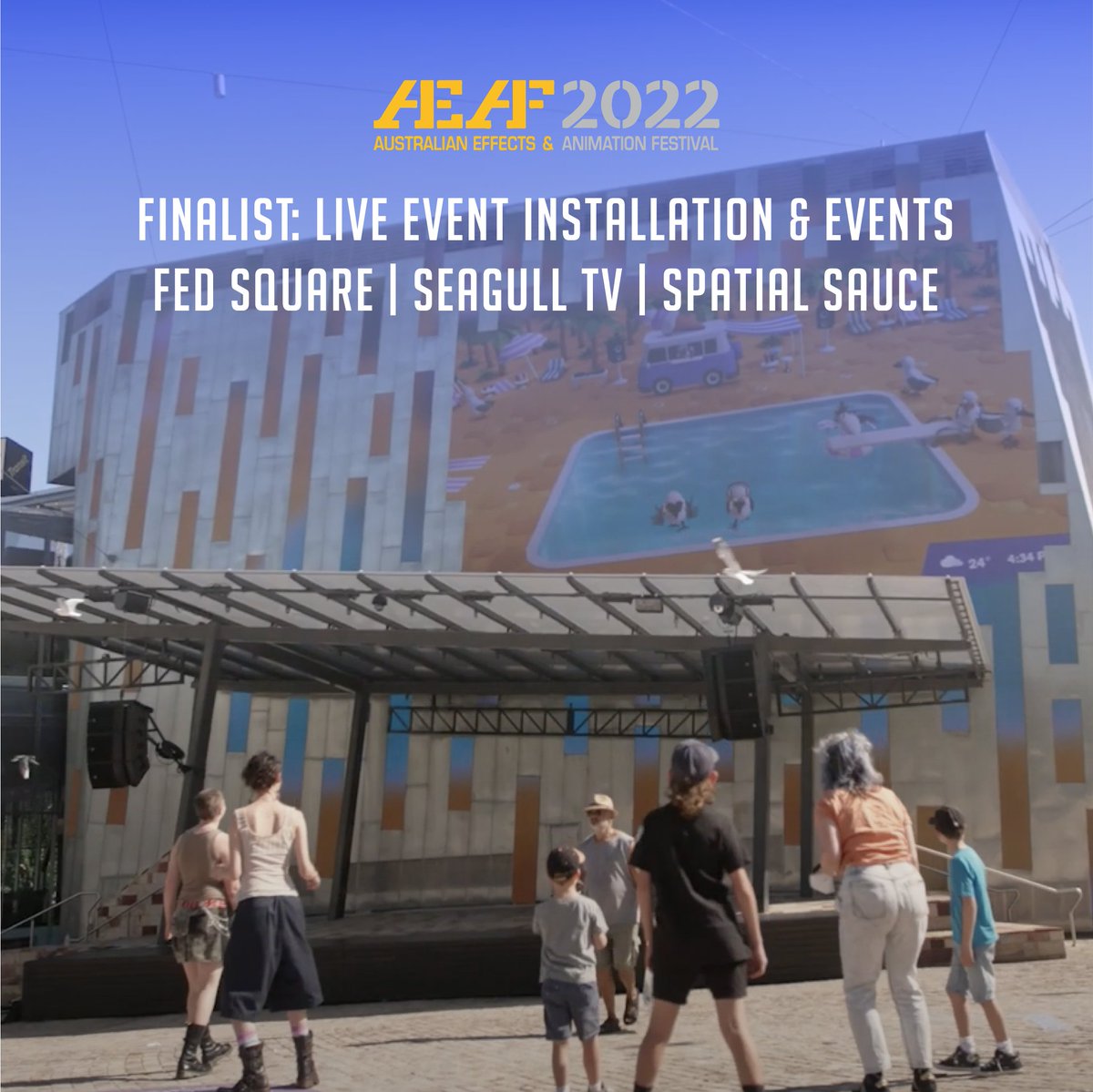 chaostheory_au's tweet photo. We’re super excited to announce that a project we work on - Seagull TV for Fed Square has been selected as a finalist for the AEAF awards 🎉 Major props to Spatial Sauce for their vision and letting us be a part of the journey 💫
#aeafawards #liveinstallation #spatialsauce https://t.co/g73ILGlr1r