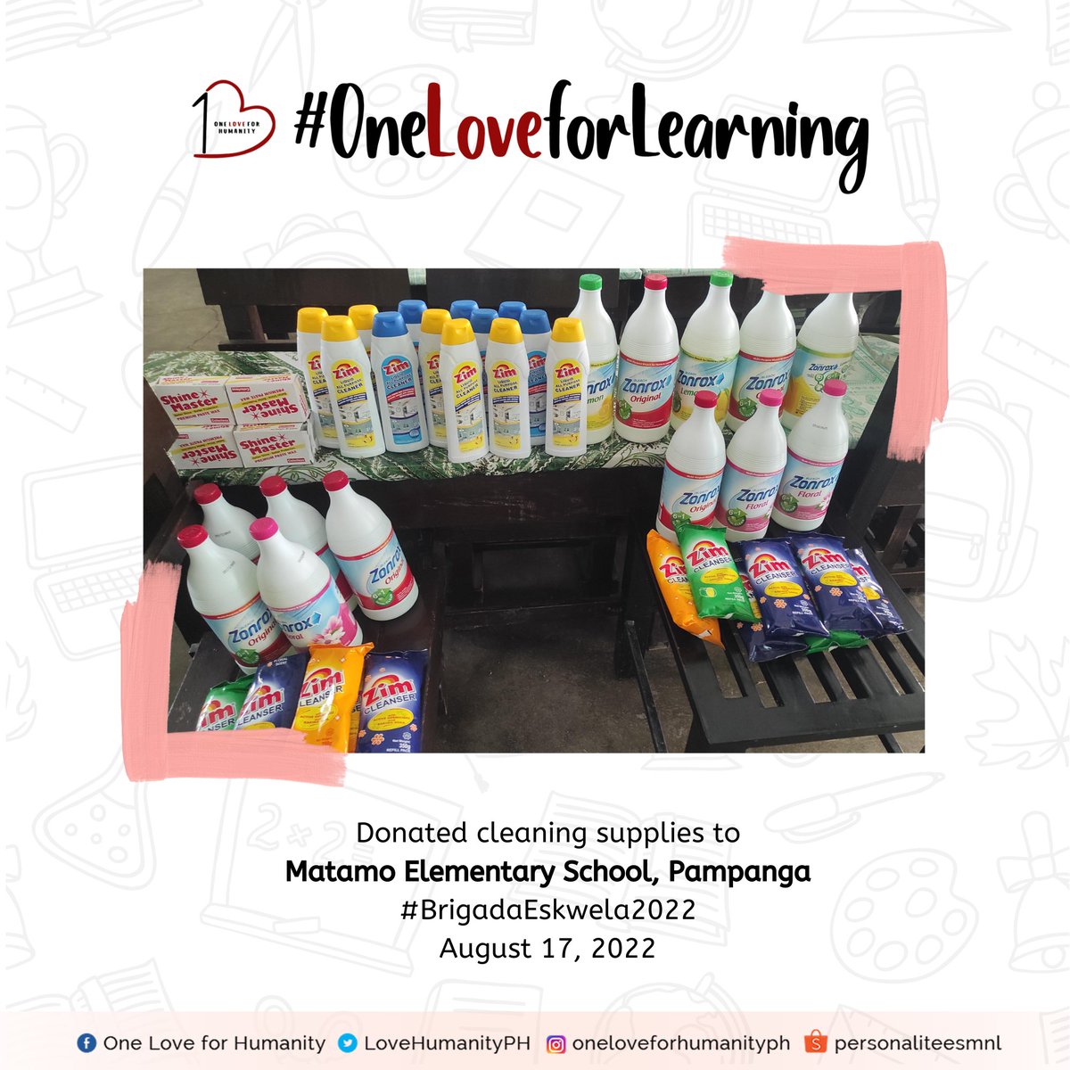 lovehumanityph's tweet photo. #OneLoveForLearning Update: 

Donated cleaning supplies to 3 schools 🧹

We still need funds to be able to provide COVID-19 hygiene kits &amp; school supplies. Any form of help is very much appreciated. 🥰

More info here:
https://t.co/L7UEaEpk9i https://t.co/sCXgxREssV