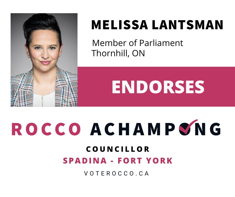 Rocco4Toronto's tweet photo. Delighted to receive the endorsement of MP @melissalantsman for my candidacy as the next Toronto Councillor for #spafy She is a visionary and a true leader. We share a common spirit as fighters for the rights & freedoms of CDNs. Honoured to have her support. #topoli #voterocco https://t.co/VT56n8XnrH