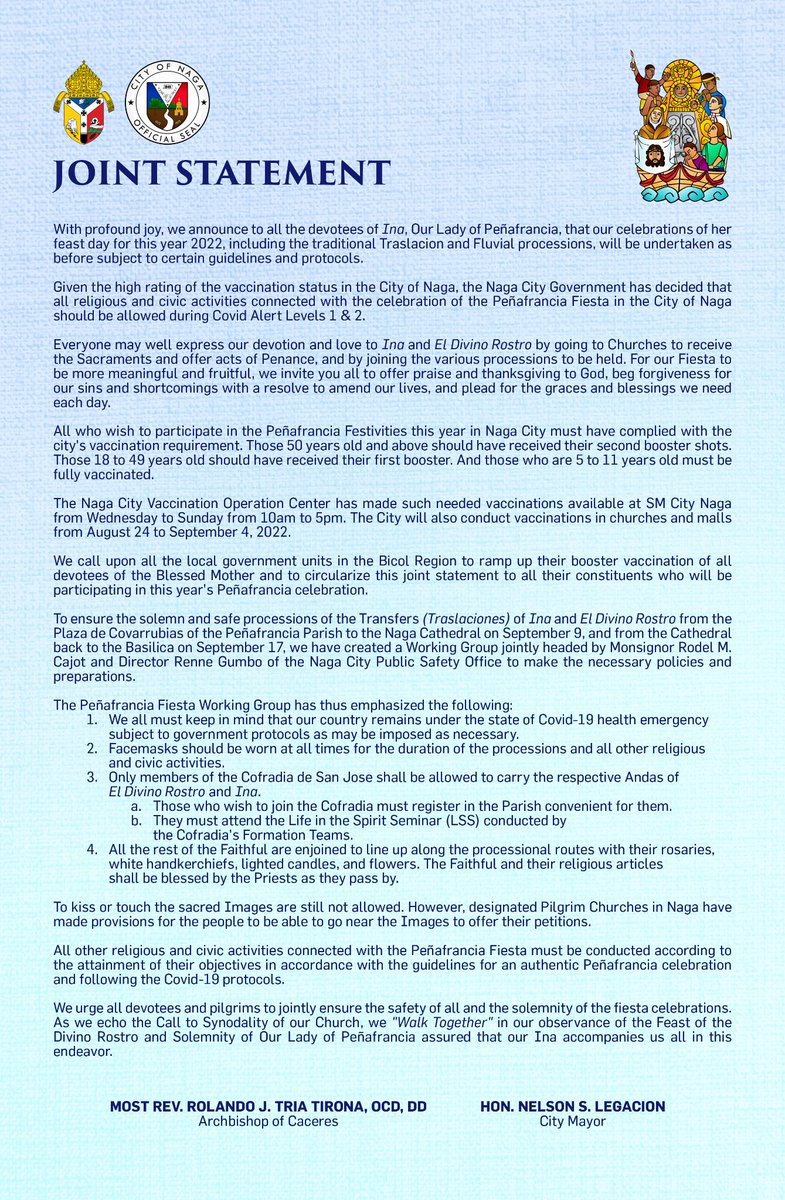 caceres_naga's tweet photo. READ: Joint Statement of the Archdiocese of Caceres and the Naga City Government for our celebration of Solemn Feasts of the Divino Rostro and Our Lady of Peñafrancia.
#ArchdioceseOfCaceres #CaceresNaga #CaceresCCom #CCCom2022 #Peñafrancia2022 https://t.co/8xi0fsPLSH