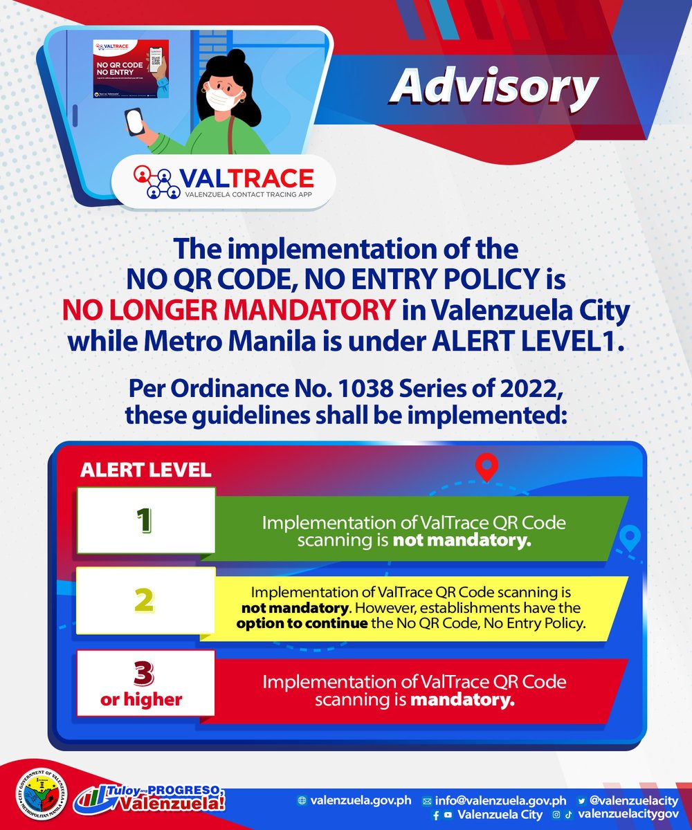 valenzuelacity's tweet photo. In accordance with Ordinance No. 1038 Series of 2022, the scanning of #ValTrace QR Codes is no longer mandatory in Valenzuela City under Alert Level 1. 

The following guidelines shall be implemented in the following alert levels: https://t.co/alqfDgOGVB
