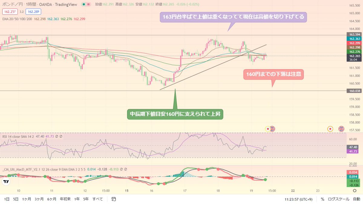 FX_foxy9's tweet photo. 🌻ポンド円分析🌻
┈┈┈┈┈┈┈┈┈┈
#GBPJPY 

中長期下値目安160円に
支えられて上昇したけど、
変わらず163円台半ばで
上値は重くなってて
現在は高値を切り下げてる⤵️

中長期的には上昇傾向で
目線は上ではあるけど
160円までの下落は注意！

いいね多かったら
エントリー目安公開します🤍 https://t.co/BauUx2PMMU
