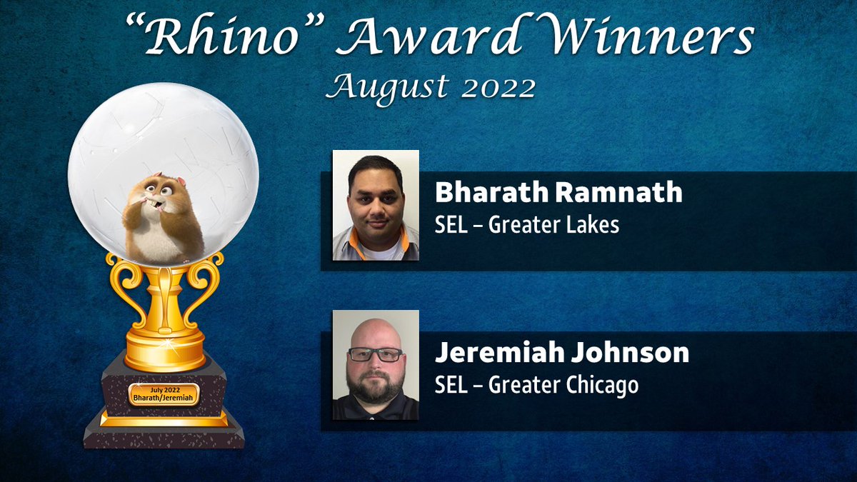 Our team's "Rhino" award celebrates the team member(s) who exemplify Rhino's words: "Sometimes the impossible can become possible, if...... you're..... awesome!"

Congratulations <a href="/BharathRamnath/">Bharath Ramnath</a> and <a href="/JeremiahIHX/">Jeremiah Johnson</a>  - our August 2022 Rhino winners!!! #LifeAtATT #IHXNortheast