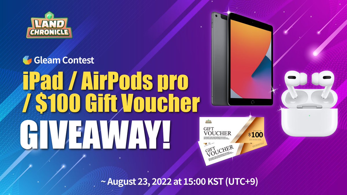 🎉 LAND CHRONICLE Gleam Contest!

➡️Gleam: gleam.io/mgYQu/land-chr…

🏆 Refferal Top 3 Prizes
 1st. iPad 9th x 1
 2nd. AirPods x 3
 3rd. $100 Gift Voucher

🎁Participants Draw Prizes
 - LAND NFT 1.0 x 3
 - Rainbow Stone x 20
 - WL x 100

#LandChronicle #NFTGiveaway #NFT #Airdrop