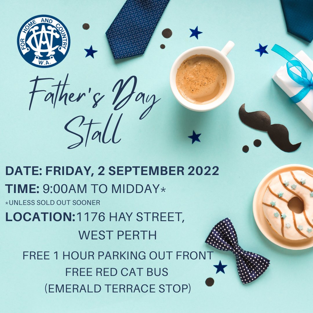 CWAofWA's tweet photo. It's that time again! The wonderful ladies at the Kings Park Branch will be back out the front of CWA of WA State Office, with a wide variety of goods to spoil the Father Figure in your life, this Father's Day! π
#cwaofwa #bakesale #FathersDay2022 https://t.co/YUQL0AGN8p