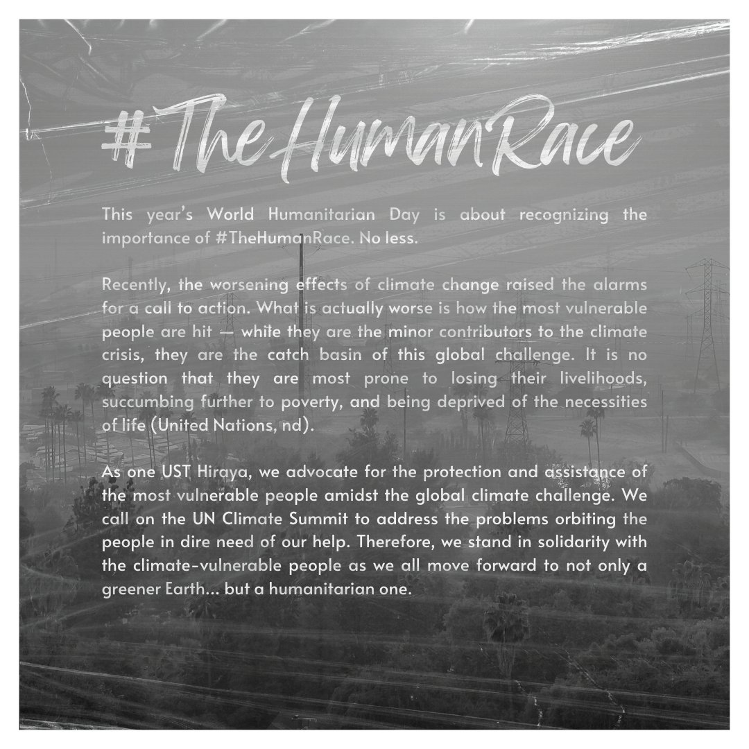 ust_hiraya's tweet photo. Today is World Humanitarian Day.

As one, we stand in solidarity with the climate-vulnerable people as we all move forward to not only a greener Earth… but a humanitarian one. https://t.co/4An3giAa6Q