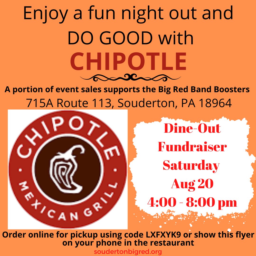 Support band music in Souderton this Saturday Aug 20 at Chipotle Mexican Grill! For any dine in, takeout, or online order placed between 4 - 8 pm just mention the Big Red Band Boosters. Help make the world a better place and support music for the amazing band students <a href="/SASD_SAHS/">Souderton Area HS</a>