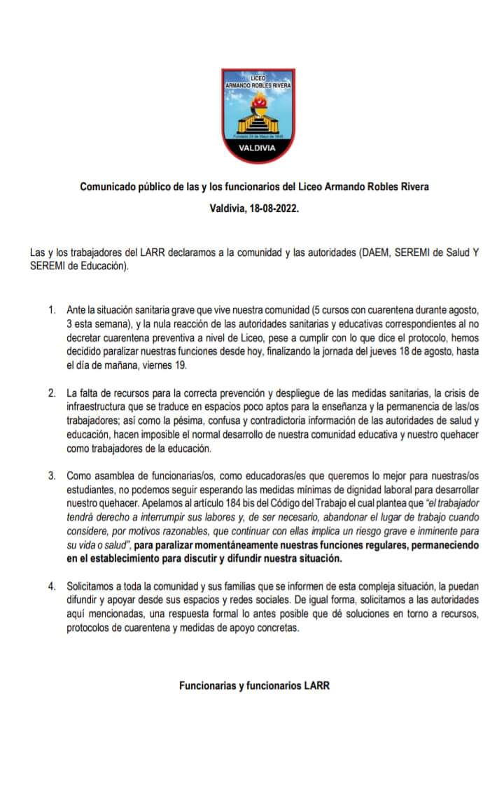 Ezze_Claudio's tweet photo. #valdiviaCL

FUNCIONARIOS DEL LICEO ARMANDO ROBLES COMUNICAN  PARO DE ACTIVIDADES ACUSAN NULA REACCION DE AUTORIDADES https://t.co/g6TcFIKjmo