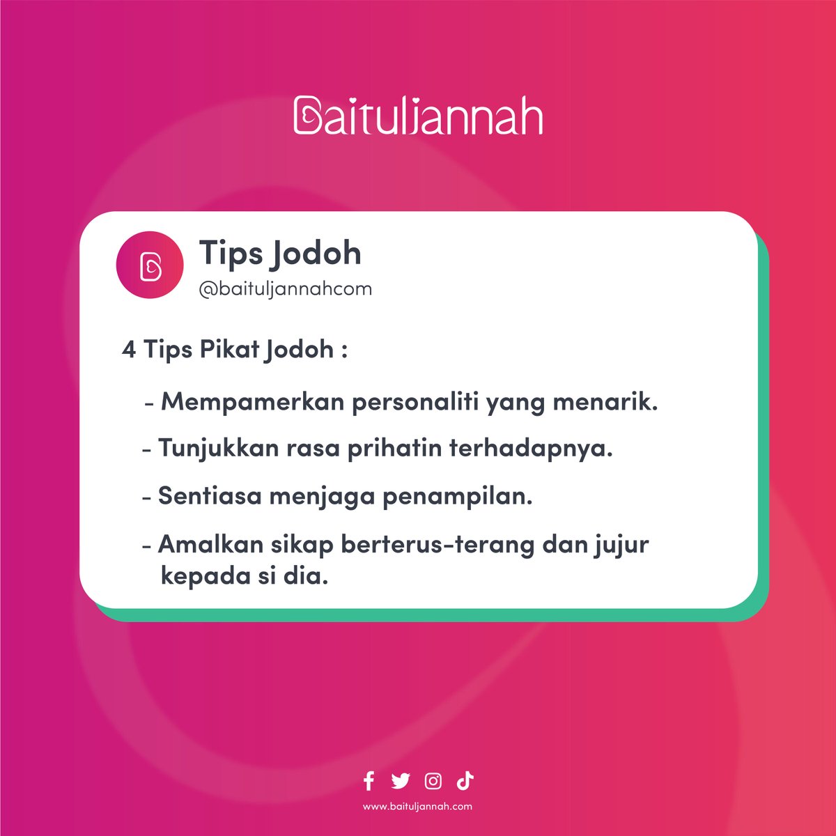 baituljannah_MY's tweet photo. #TipsJodoh
Buat yang masih mencari jodoh di https://t.co/YvVzlKxPQU ini tips pikat jodoh https://t.co/t4WybNa9Xx