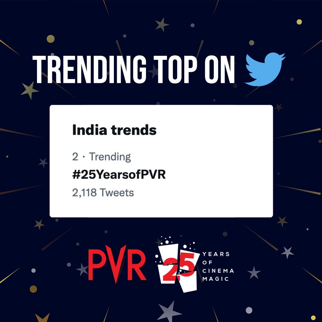 _PVRCinemas's tweet photo. Thank you all for the love that you are showering us with! You made us trend!
#PVR #PVRCinemas #PVRturns25 #25thanniversary #celebrations #Trending #25YearsOfPVR https://t.co/VFrJ5RpOtK