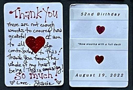 StaciePrada's tweet photo. Officially the most collaborative &amp; heartwarming gift I’ve ever received, a deck of cards w messages from friends &amp; fam living all over the US &amp; from every life chapter! #playingwithafulldeck #ms #52years #bestgift #BicycleCards 
Full blog post at
https://t.co/Am4uK5q6MY https://t.co/EHuQw9r9i7