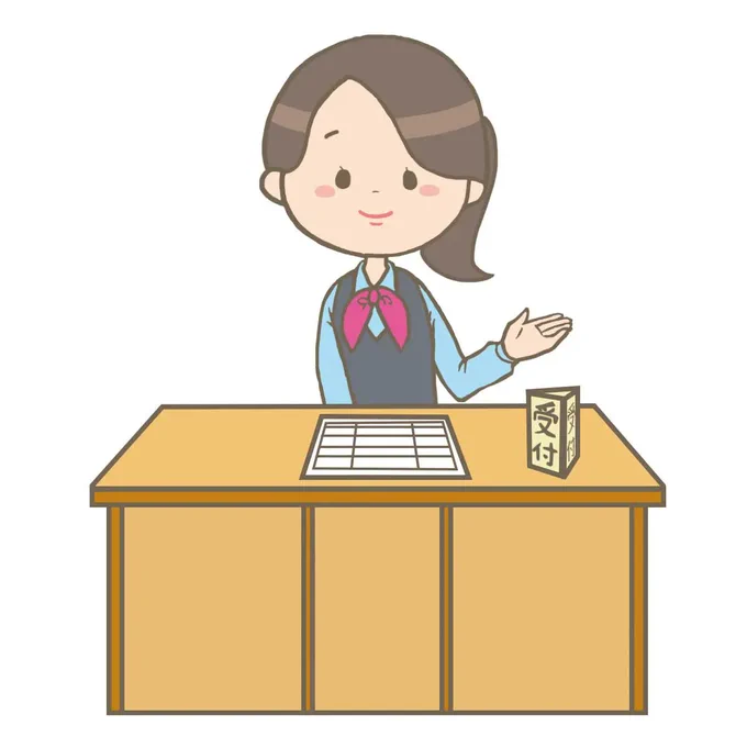 女性医療事務員さんが、カウンター(受付)越しに案内しているイラストです。#フリーイラスト#フリー素材#看護師イラスト集看護師イラスト集受付にいる医療事務員(女性)のイラスト 