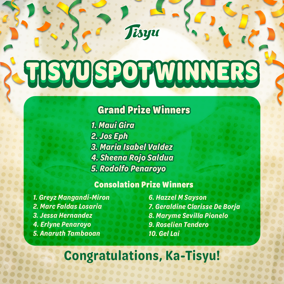 TisyuPH's tweet photo. Salamat sa good vibes na hatid ng inyong #TabooTalks revelations kung saan ang inyong “Tisyu Spot,” Ka-Tisyu! Narito na ang mga maguuwi ng papremyo!
I-message ang Tisyu upang ma-claim ang inyong prizes!
Abangan rin ang inyong mga kwento sa aming posts. 👀 #TisyuPh https://t.co/7nSJzUMWzG