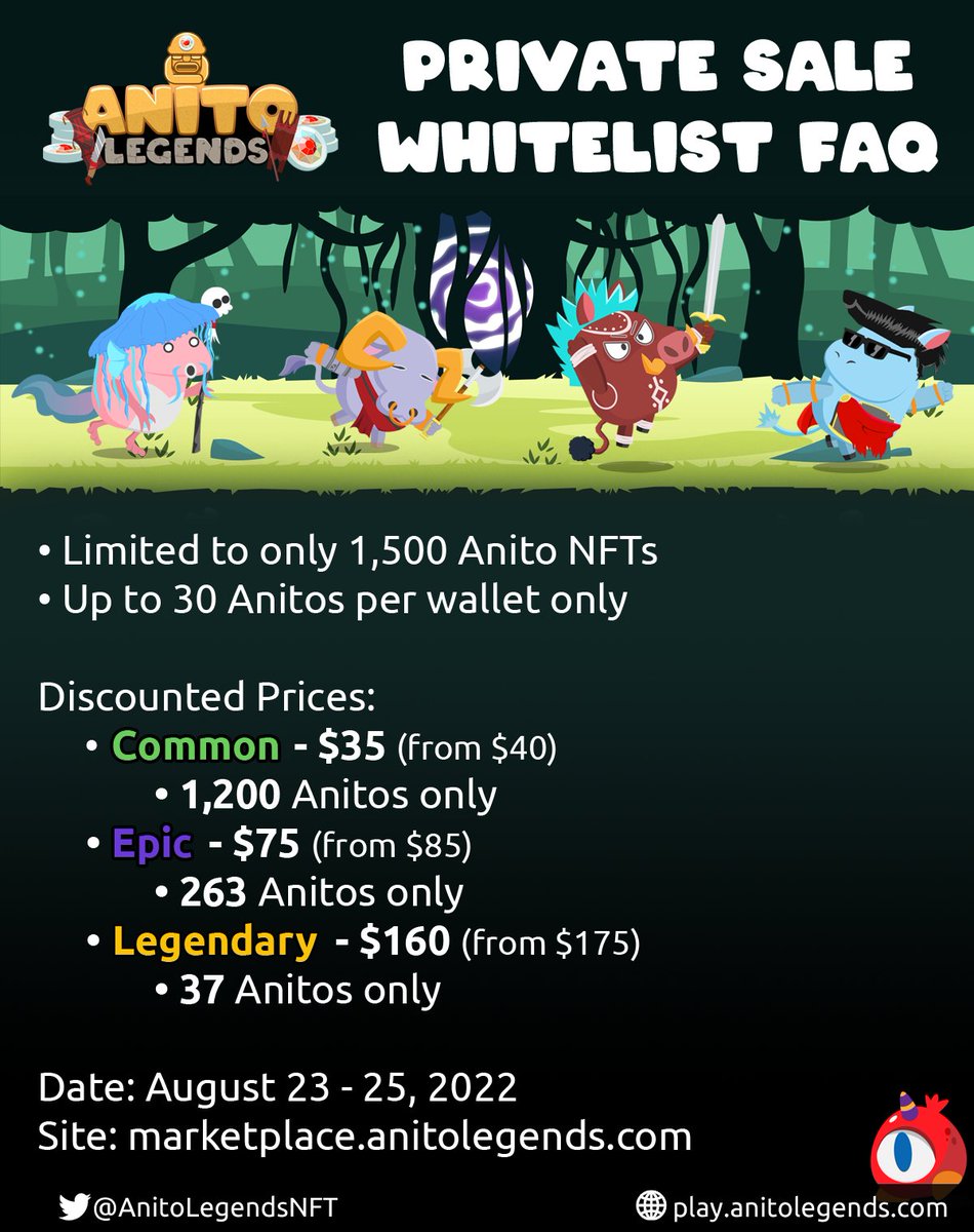 AnitoLegendsNFT's tweet photo. Hey everyone! 👋

The Anito Legends Private Sale Whitelist sign-up sheet is OPEN NOW... like, right NOW!!! 🤯🤯🤯

Check out how to get whitelisted on our Discord server: https://t.co/DtasnOUVrQ

⚠️ Limited slots available! ⚠️

#AnitoLegends #PlayAndEarn #GameFi #CryptoPH https://t.co/xEcbMPlOXw