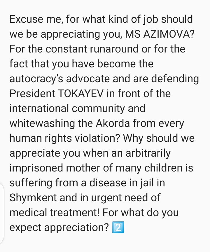 Aidosabdraman's tweet photo. 2/3
More than 10 days ago we appealed to the Commissioner for Human Rights in Kazakhstan Elvira #AZIMOVA requesting her assistance in the immediate hospitalisation of civil activist Lyazzat #DOSMAMBETOVA. And guess what?
@UNWomenWatch
@OSCE_RFoM
@oscepa
@osce_odihr https://t.co/xd6r0IYEBn