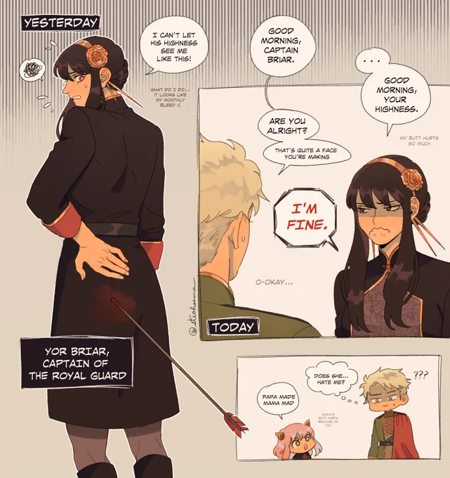 poor Yor inevitably suffers the same butt wound in every universe 😭 

『Prince &amp; Bodyguard AU』

#SPYxFamily 