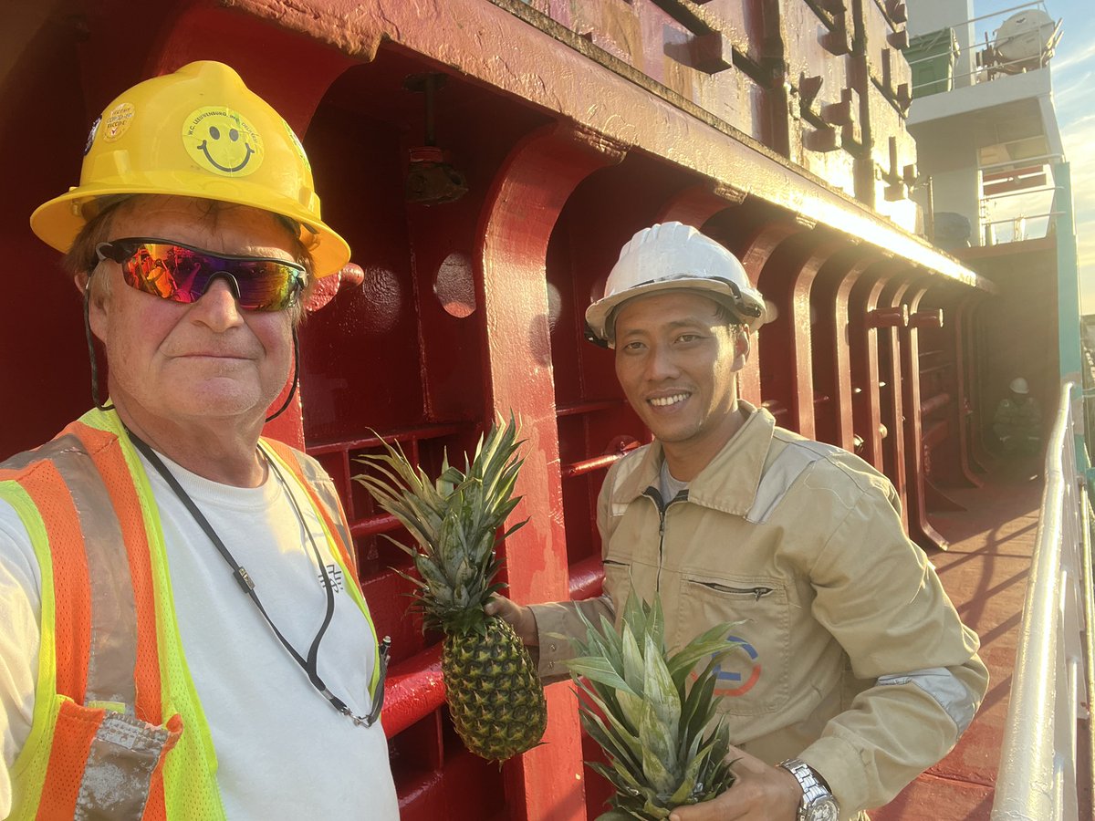wcleeuwenburg's tweet photo. Aboard the ONEGO TRADER this evening at the Port of Mount breaking the ice with a brace of pineapples 😎
 #wharflife #chazsworld #Merlinsmagic https://t.co/xvzgm8Oyls