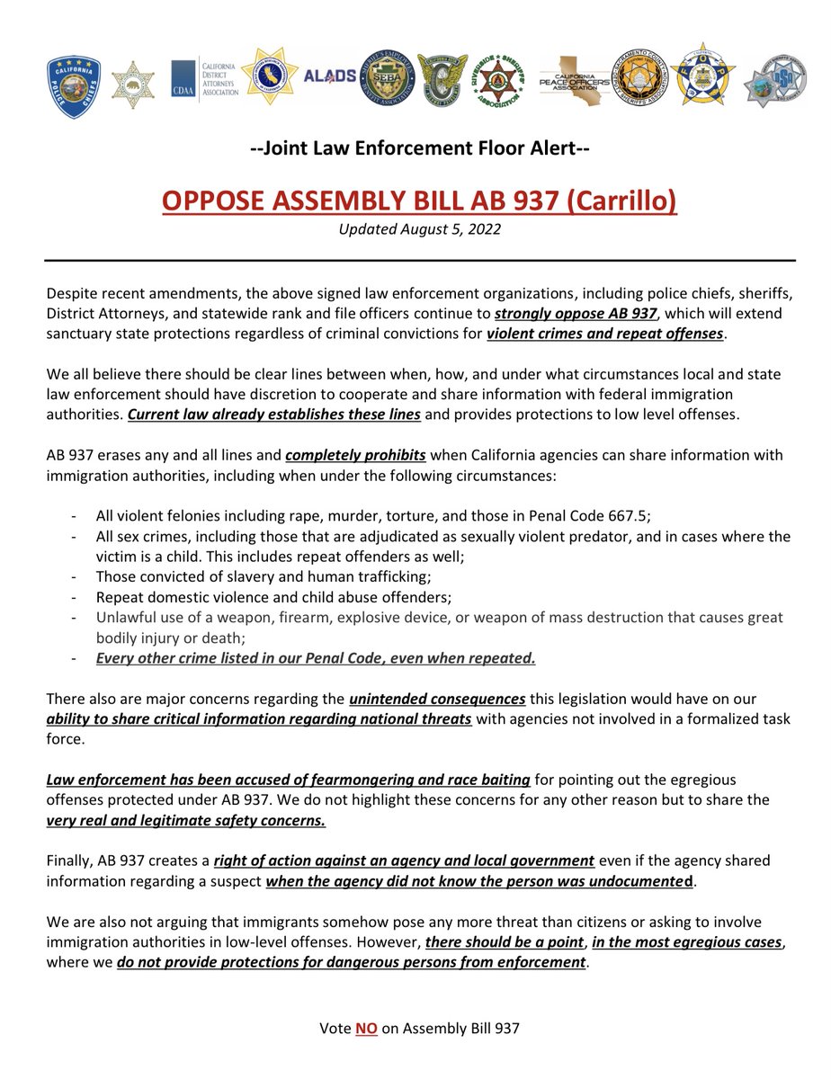 CAPoliceChiefs's tweet photo. Public safety organizations throughout California all agree, AB 937 makes our state less safe by protecting violent felons and penalizing our cooperation with federal law enforcement. Call your State Senator and tell them to VOTE NO on AB 937. #publicsafety #PSAC #AB937 #Crime https://t.co/k5G1iifQIV