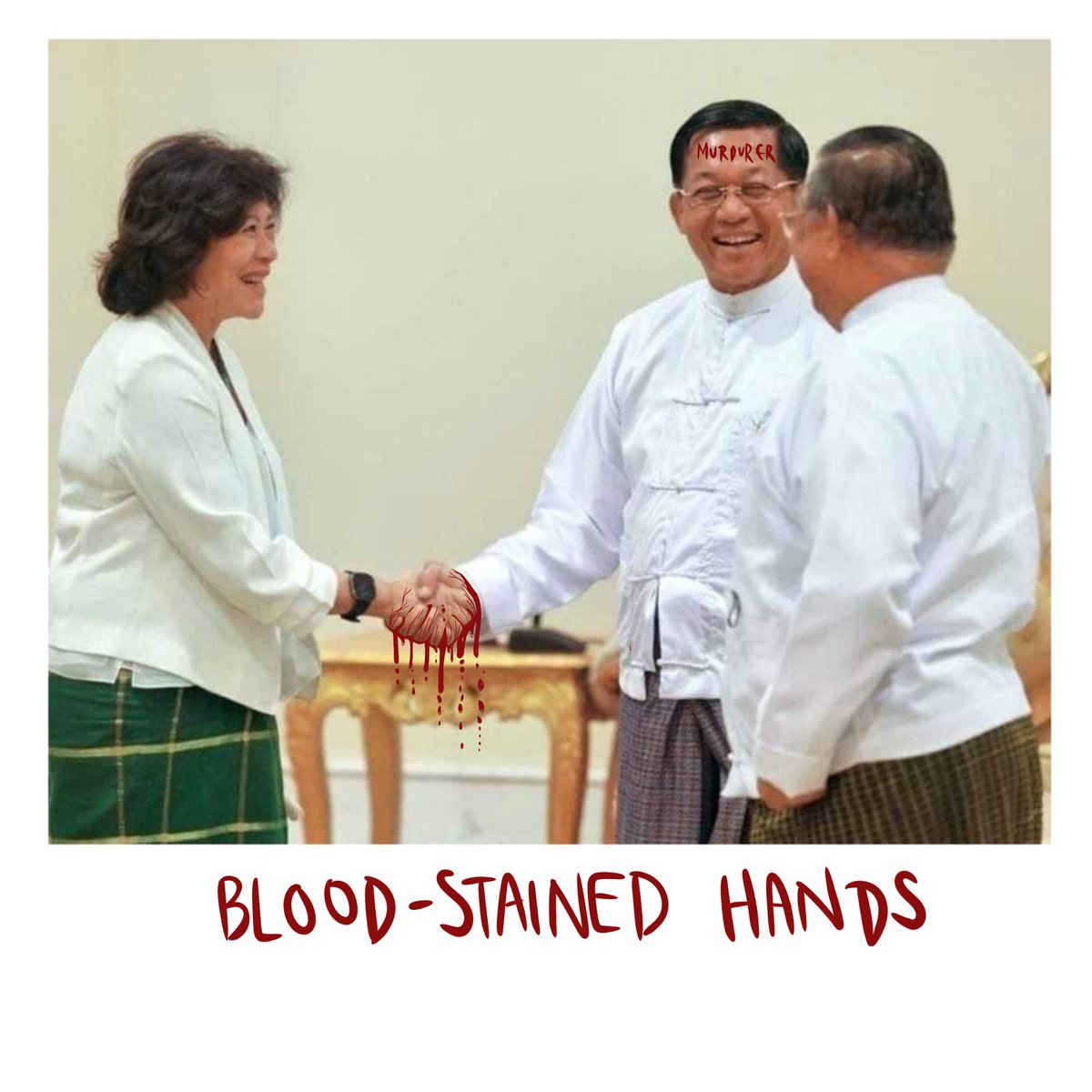 Myanmar people will remember this. I’m revolted whenever I’m forced to see that thing’s face but this woman not only touched him but also laughed with him. Yes, please exchange pleasantries while the junta kills and tortures people.