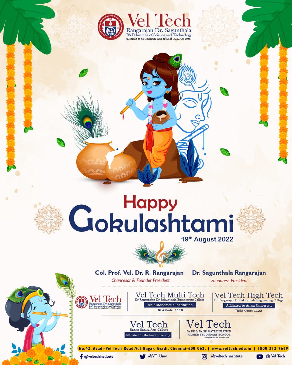 VelTech_Univ's tweet photo. May Lord Krishnaโs flute invite the melody of love into your life.
Warm ๐๐จ๐ค๐ฎ๐ฅ๐๐ฌ๐ก๐ญ๐๐ฆ๐ข Wishes from #VELTECH
#VEL_TECH #janmashtami #krishna #krishnajanmashtamil #lordkrishna #happyjanmashtami #radhakrishna #radheradhe #janmashtamispecial #radha #harekrishna https://t.co/kNofxka80F