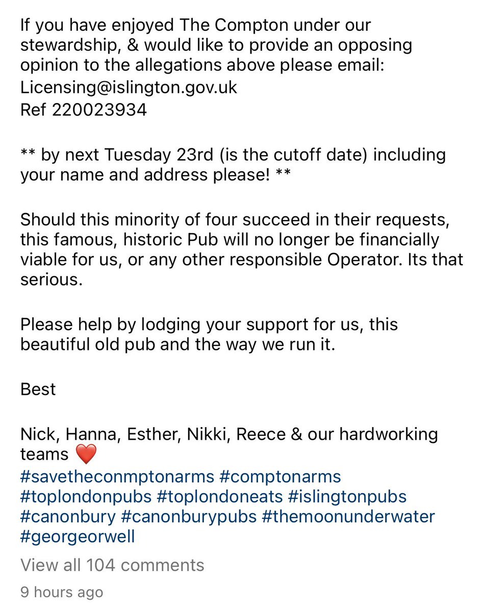 BlackScarfMarc's tweet image. This is disgusting. The Compton Arms is under threat of closure because 4 nearby neighbours have decided a pub that’s been open since the 1800s shouldn’t be allowed there anymore. 

Twitter Arsenal, do your thing &amp;amp; let @IslingtonBC know your thoughts.