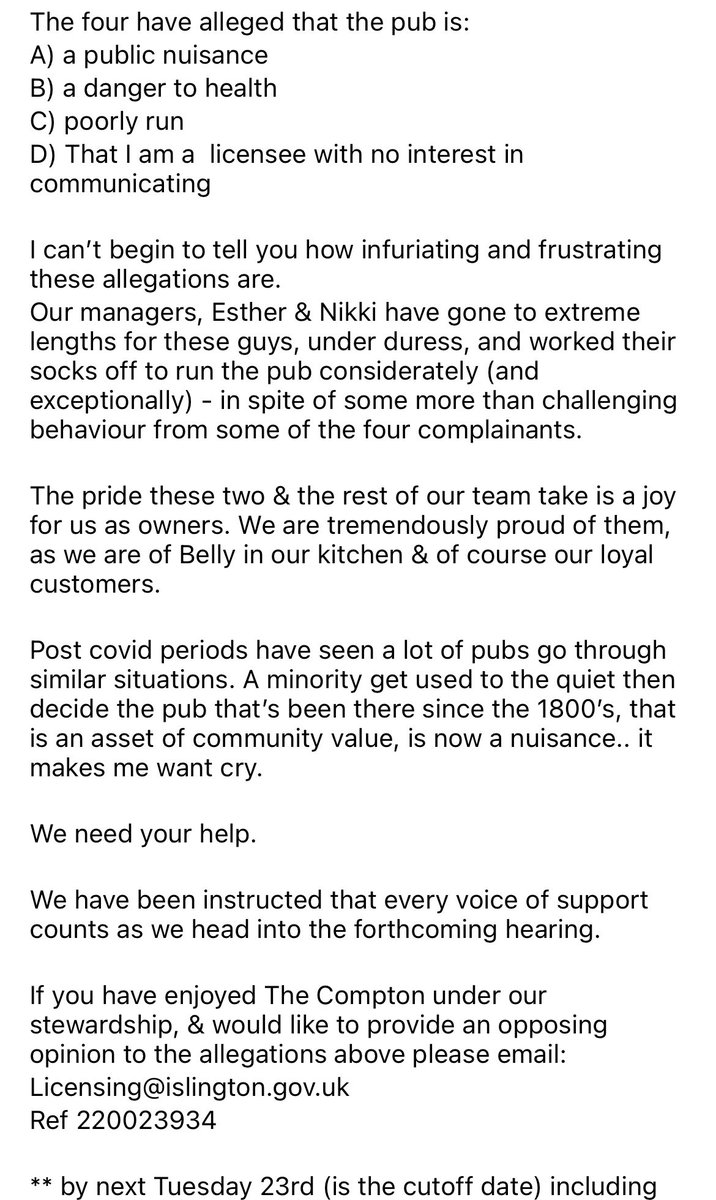 BlackScarfMarc's tweet image. This is disgusting. The Compton Arms is under threat of closure because 4 nearby neighbours have decided a pub that’s been open since the 1800s shouldn’t be allowed there anymore. 

Twitter Arsenal, do your thing &amp;amp; let @IslingtonBC know your thoughts.