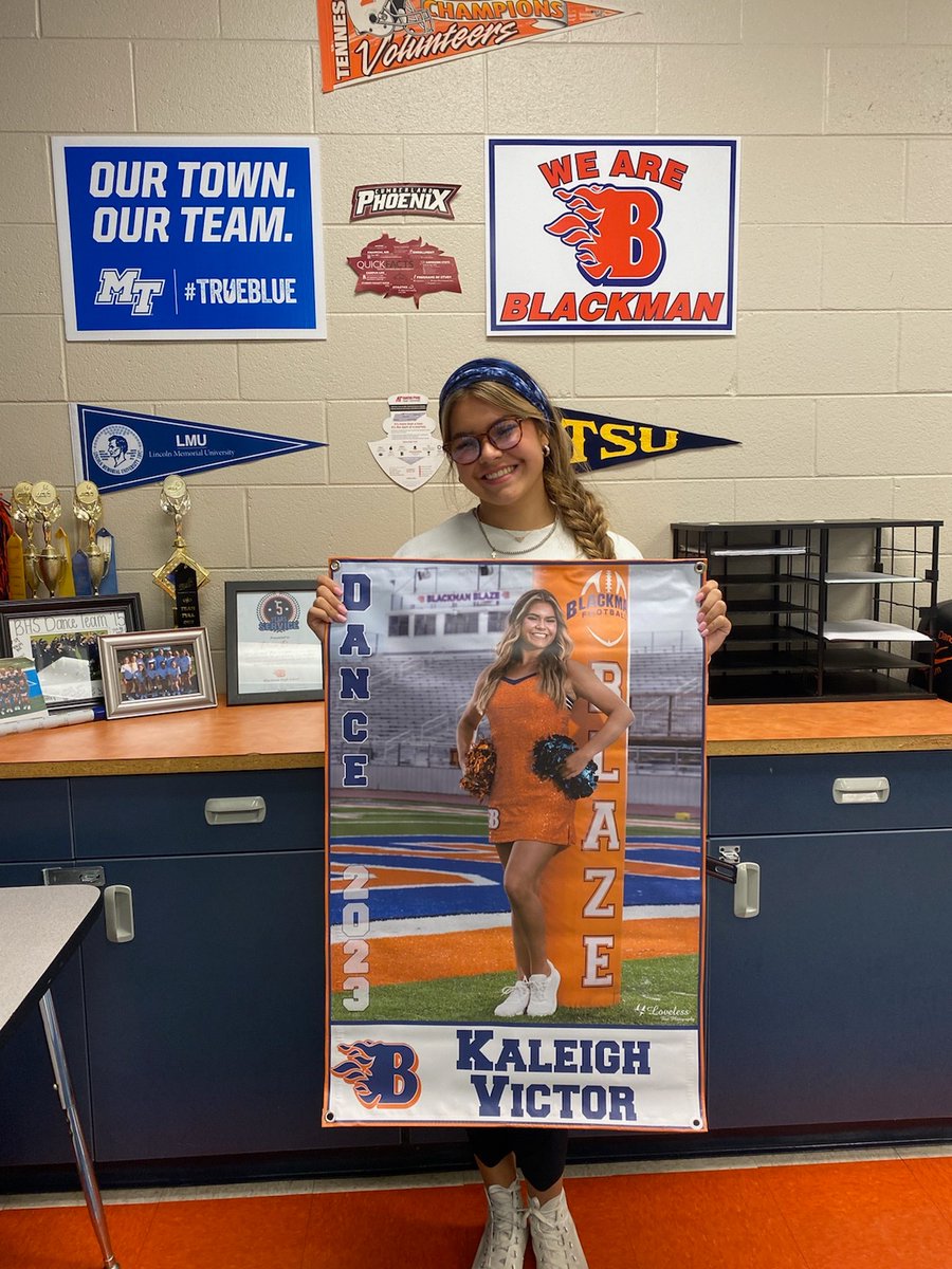 Our seniors, Rosa Grace, Emma, Jaelyn, and Kaleigh  are ready for football season!  Have a great senior year!  Go BLAZE! 💙🏈🧡🔥