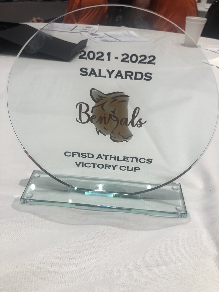CoachG713's tweet photo. @CFISDAthletics awarded @SalyardsATH the victory cup for the winningest middle school athletics program in CFISD. Seriously the best coaching staff in the district. #wtd #ThisIsTheWay #bengaldynasty #bengalstobears https://t.co/V366Q2v6lO