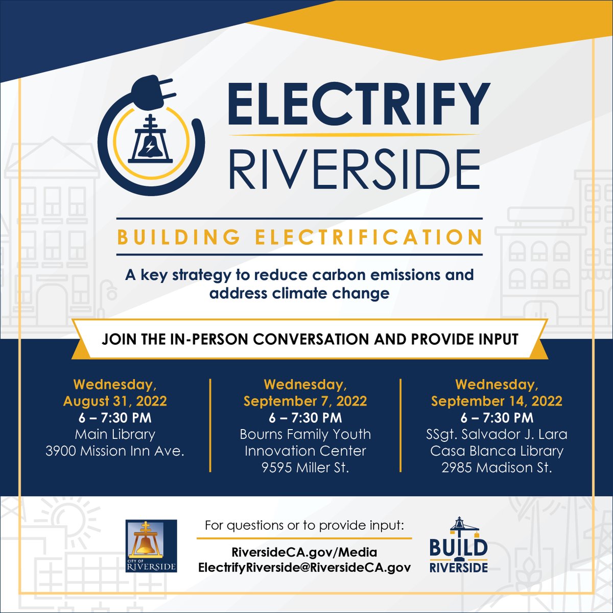riversidecagov's tweet photo. The City is exploring an all-electric building code change to eliminate fossil fuel sources in new construction that would be effective January 1, 2023 — and we want your input!

Join us for a series of community meetings starting August 31 from 6-7:30pm: https://t.co/6stmJF16IW https://t.co/d9ON5rbjGq