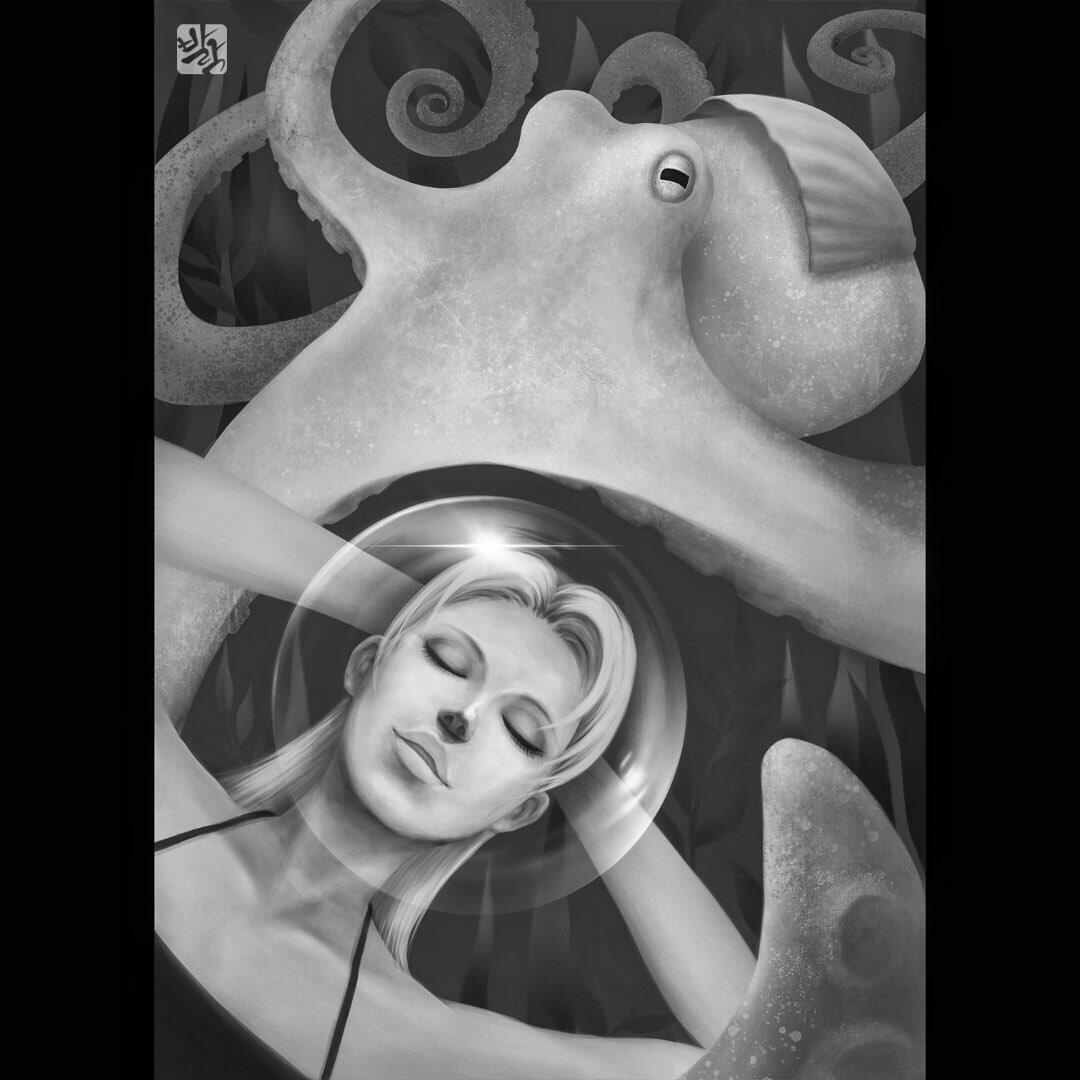BaraaamStudio's tweet photo. Life isn't good because it's free of challenges. It's good because of the challenges. 

Do you have an #octopusfriend ?🐙 #nft : Black&amp;White Ver.

#nftart #octopusart #nftmusic https://t.co/mSs8VvXQDq