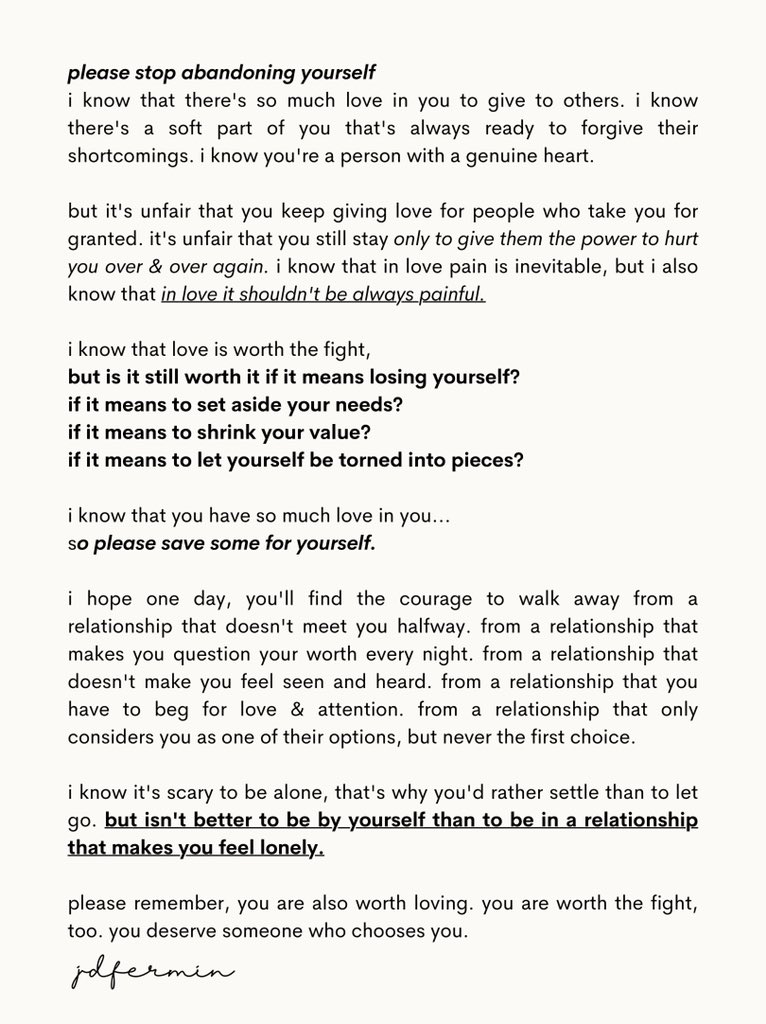 jervyfermin's tweet photo. please stop abandoning yourself for people who won't think twice to hurt you. https://t.co/ah7LQ92QZH