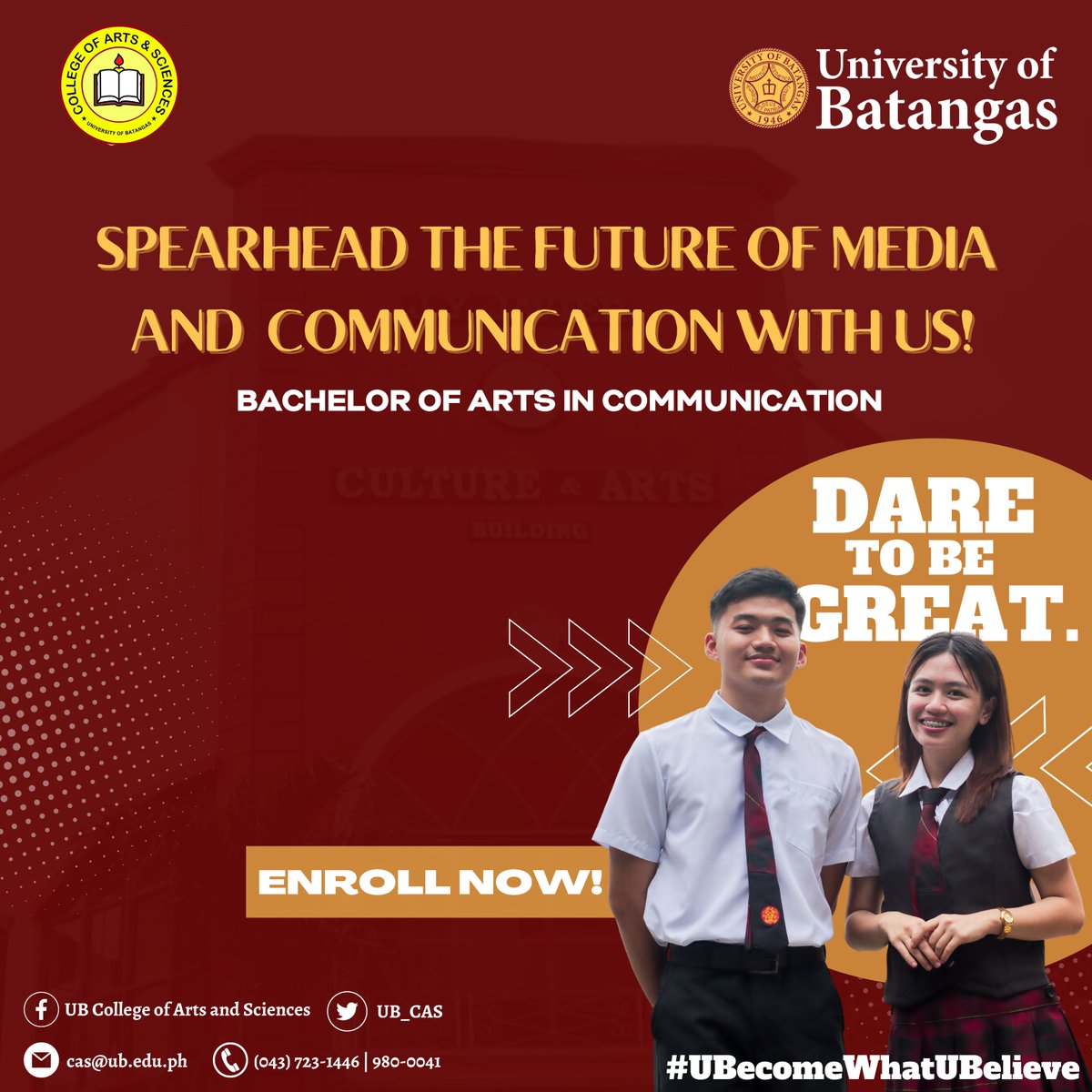 ub_ycg's tweet photo. Are you aspiring to be a great COMMunication professional in the future? Are you ready to COMMit in exploring the different theories and practices of communication? 

The Bachelor of Arts in Communication program of the University Batangas. Enroll now!  #UBecomeWhatUBelieve https://t.co/My0RMCbxlS