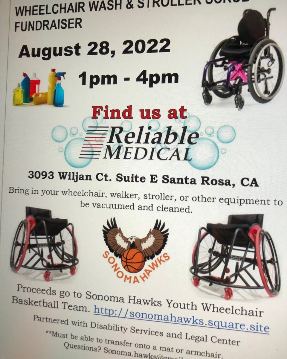 WHEELCHAIR WASH &amp; STROLLER SCRUB FUNDRAISER! August 28 from 1-4PM 3093 Wiljan Ct. Suite E Santa Rosa, CA. Bring in your equipment ￼to be cleaned and vacuumed. Proceeds go to Sonoma Hawks Youth Wheelchair Basketball Team. buff.ly/3QCtIt9 **must be able to transfer￼.