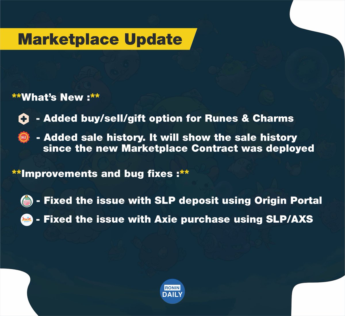 jungz_daily's tweet photo. Marketplace Update 

Big change for Runes &amp; Charm 

$RON $SLP $AXS https://t.co/7ZMWbggrhp