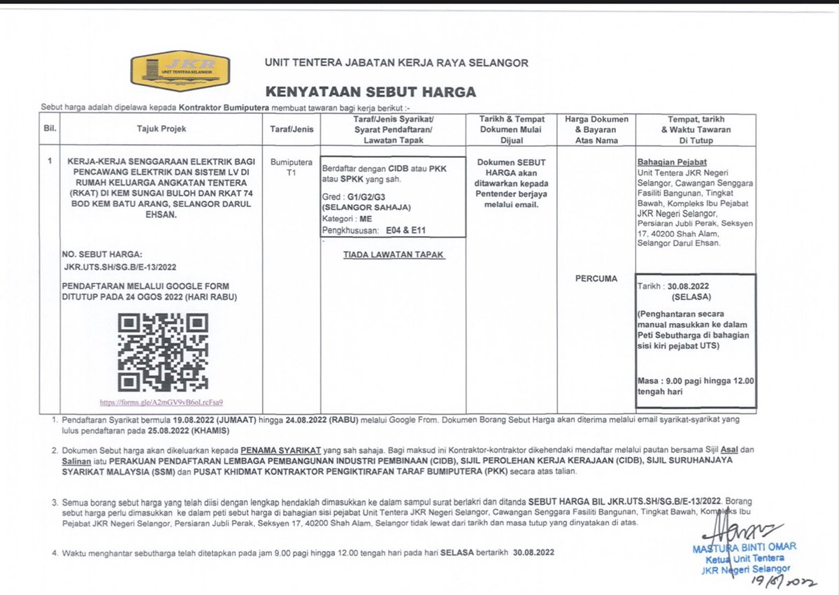 Iklan Sebut Harga Senggaraan Elektrik Pencawang dan Sistem LV di Kem Sg Buloh dan Bt Arang, Selangor.
JKR.UTS. SH/SG.B/E-13/2022
<a href="/syikun/">Muhd Asyikun</a> 
<a href="/masturaomar10/">masturaomar</a> 
<a href="/jkrtudmsubang18/">JKR TUDM SUBANG</a> 
<a href="/JKRSelangor/">JKR Selangor</a> 
<a href="/csfbjkr/">CSFB JKR</a>