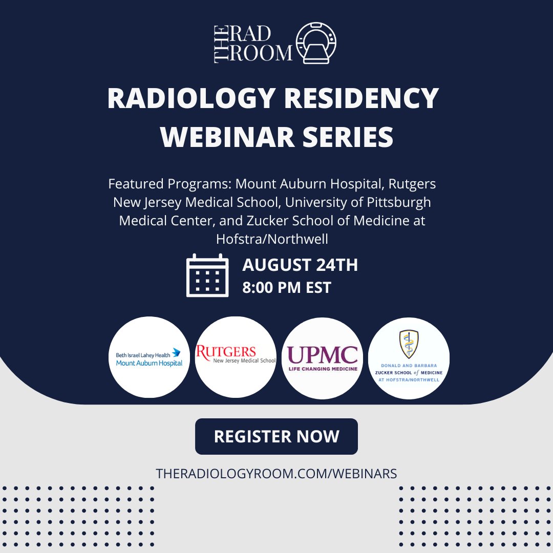 TheRadRoom (@theradroom) on Twitter photo Mark your calendars #FutureRadRes for <a href="/TheRadRoom/">TheRadRoom</a> Residency Webinar Series Session 4, featuring these fantastic programs!
<a href="/RutgersRads/">Rutgers Radiology</a> <a href="/MtAuburnRadRes/">Mount Auburn Hospital Radiology Residency</a> <a href="/PittRadiology/">UPMC Radiology</a> <a href="/yashaguptamd/">Yasha Gupta, MD</a> <a href="/RomanelliDon/">Don Romanelli, MD</a> <a href="/JohnPelleritoMD/">John S Pellerito, MD</a> #Match2023 #RadTwitter Mark your calendars #FutureRadRes for <a href="/TheRadRoom/">TheRadRoom</a> Residency Webinar Series Session 4, featuring these fantastic programs!
<a href="/RutgersRads/">Rutgers Radiology</a> <a href="/MtAuburnRadRes/">Mount Auburn Hospital Radiology Residency</a> <a href="/PittRadiology/">UPMC Radiology</a> <a href="/yashaguptamd/">Yasha Gupta, MD</a> <a href="/RomanelliDon/">Don Romanelli, MD</a> <a href="/JohnPelleritoMD/">John S Pellerito, MD</a> #Match2023 #RadTwitter
