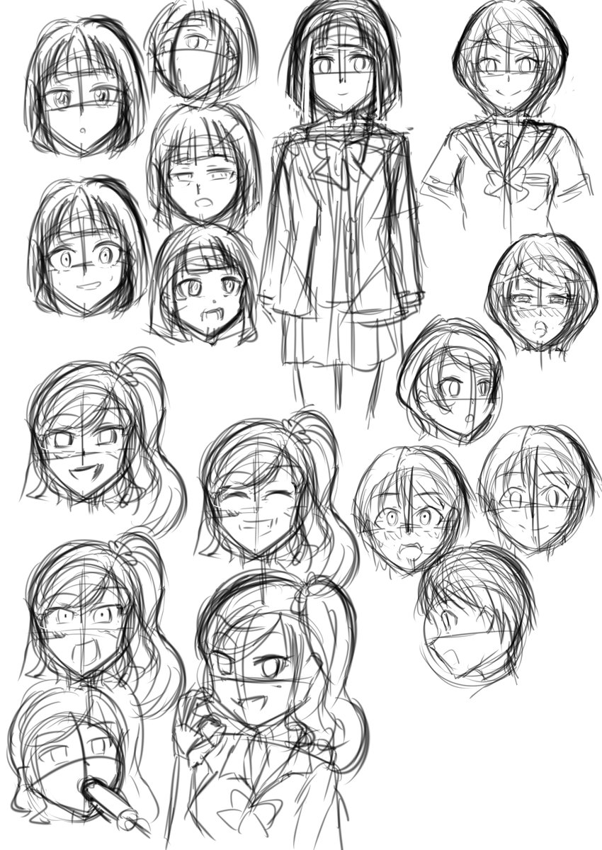 新しいキャラを考えてるときに描いたものです。左上のキャラはマンガで描いた子の原型となります 