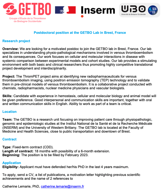 Lemarie Catherine (@catlemarie) on Twitter photo We are hiring!! Please RT!
We are looking for a curious and motivated postdoc to work with us in Brest, France. All infos are below or contact me. <a href="/Inserm/">Inserm</a>, <a href="/InsermGrdOuest/">Inserm Grand Ouest</a>, <a href="/UBO/">ubo</a>, <a href="/INNOVTE1/">INNOVTE</a>, <a href="/FduSouffle/">Fondation du Souffle</a>, @GroupeJ2r. We are hiring!! Please RT!
We are looking for a curious and motivated postdoc to work with us in Brest, France. All infos are below or contact me. <a href="/Inserm/">Inserm</a>, <a href="/InsermGrdOuest/">Inserm Grand Ouest</a>, <a href="/UBO/">ubo</a>, <a href="/INNOVTE1/">INNOVTE</a>, <a href="/FduSouffle/">Fondation du Souffle</a>, @GroupeJ2r.