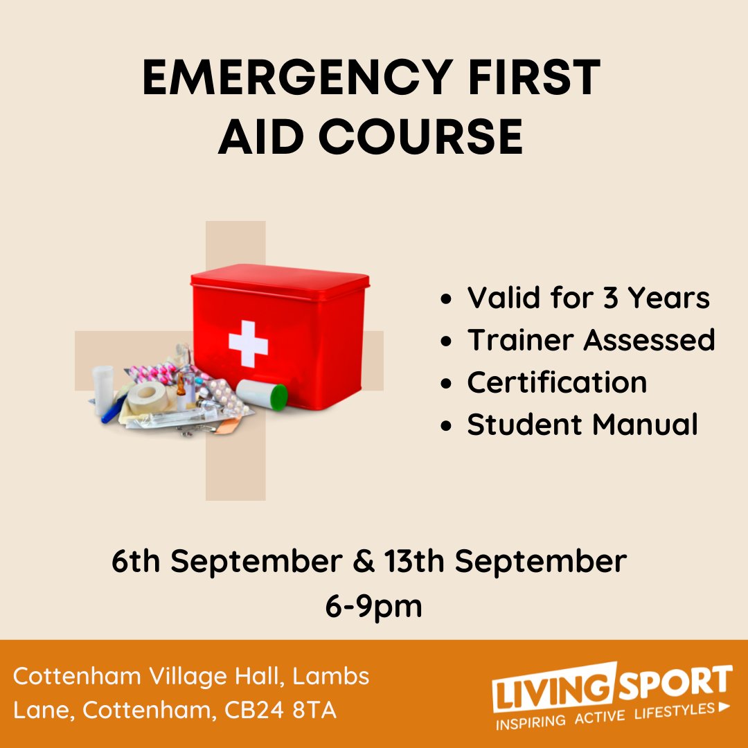 There are still some spaces on our Emergency First Aid Course! 

The course runs on 6th &amp; 13th September, 6-9pm. Both sessions must be attended. The cost for this course is £90. 

To see more information or to book, please visit our website!

livingsport.co.uk/Event/emergenc…