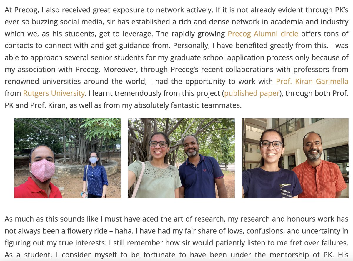 ponguru's tweet photo. "Personally, I have benefited greatly from this ["rapidly growing Precog Alumni circle"]. says @mallika_2011  Subramanian #BTech #IIITH #Classof2022 in her blog, Learn, Bond, Grow @ Precog! https://t.co/VUU6TFLDIx M is starting her MS program @Columbia #ProfGiri #ProudAdvisor https://t.co/XbKfKqlffY