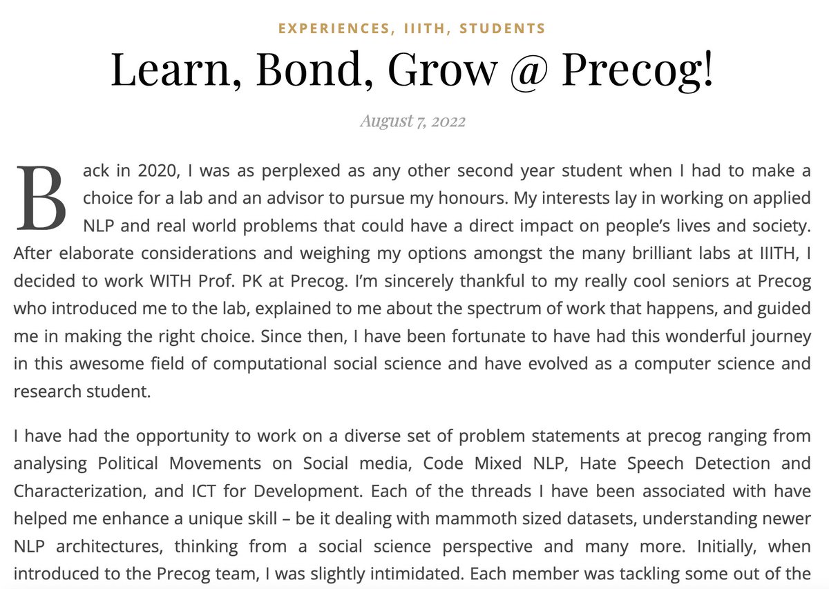 ponguru's tweet photo. "Personally, I have benefited greatly from this ["rapidly growing Precog Alumni circle"]. says @mallika_2011  Subramanian #BTech #IIITH #Classof2022 in her blog, Learn, Bond, Grow @ Precog! https://t.co/VUU6TFLDIx M is starting her MS program @Columbia #ProfGiri #ProudAdvisor https://t.co/XbKfKqlffY