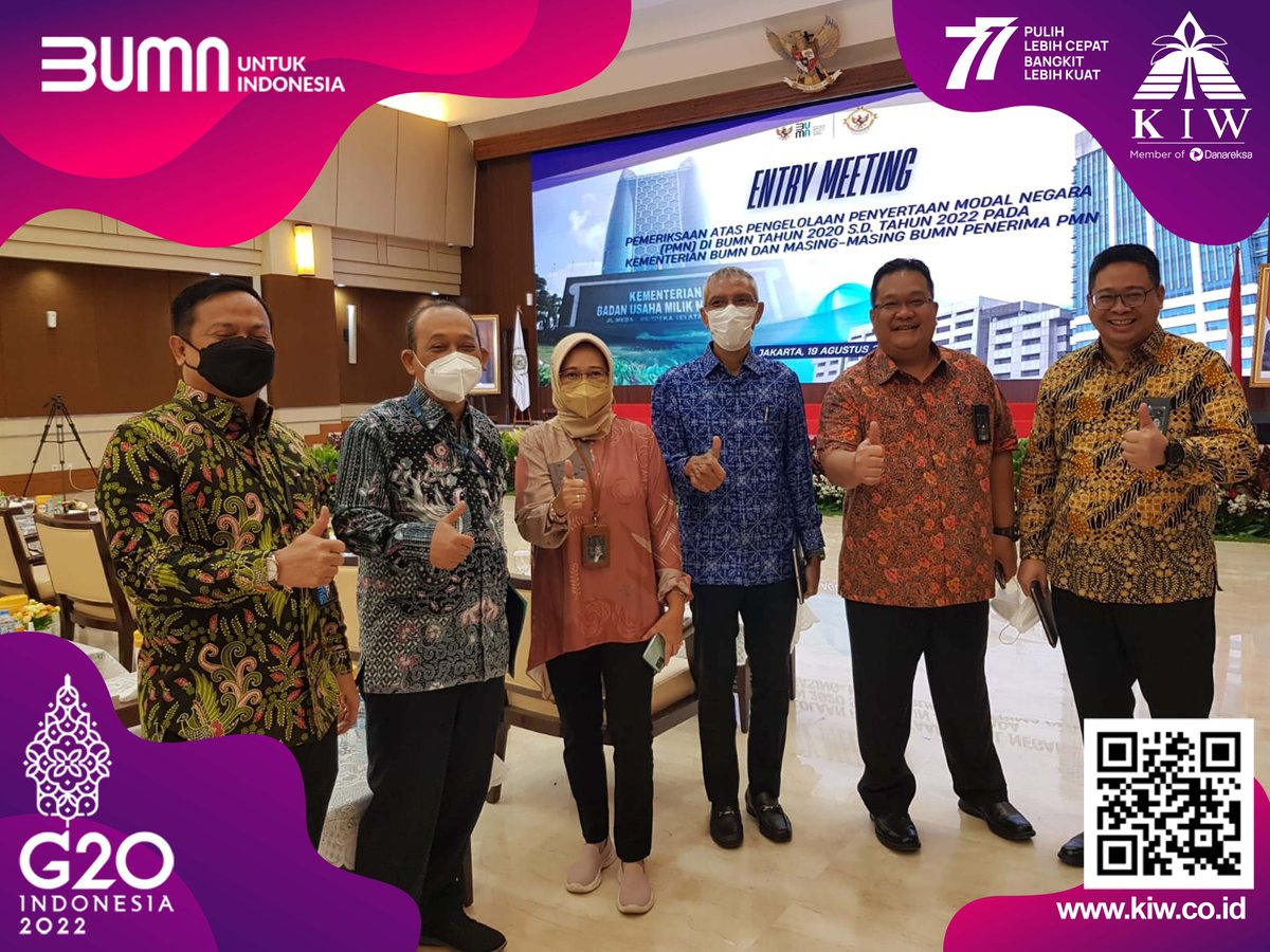 ptkiw's tweet photo. KIWinners,
Pada hari ini (19/08/2022) PT KIW hadir dalam acara Entry Meeting "Pemeriksaan atas Pengelolaan Penyertaan Modal Negara (PMN) di BUMN Tahun 2020 s.d Tahun 2022 pada Kementerian BUMN dan Masing-masing BUMN Penerima PMN" di kantor BPK RI Jakarta.

https://t.co/mVTF9D6Vx2 https://t.co/4UAPSypkna