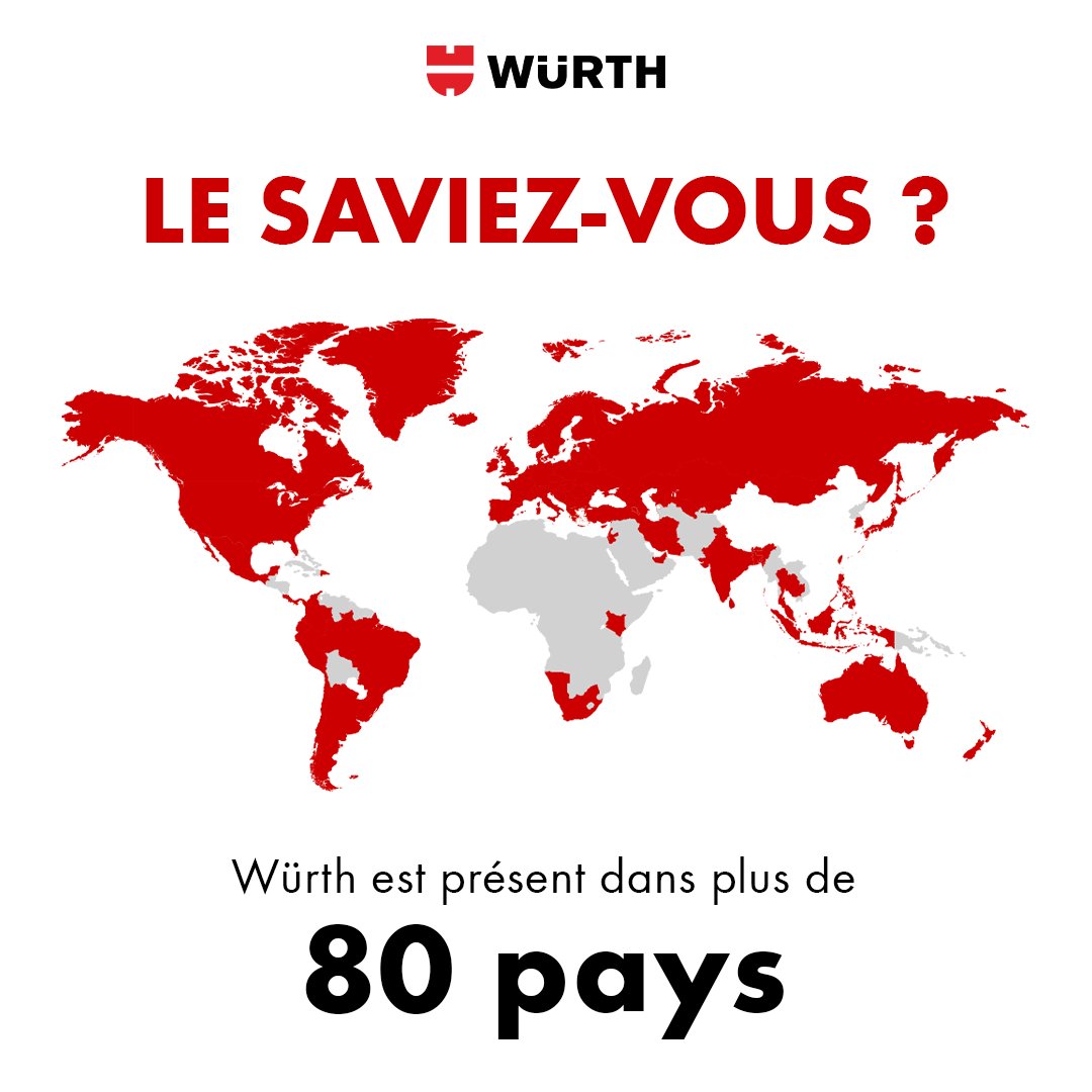 [Le Saviez-vous ?] 🤔 

Depuis sa création, le groupe familial Würth n'a cessé de se développer et, est présent aujourd'hui dans plus de 80 pays à travers le monde !🌍 

#WürthFamily #Histoiredentreprise