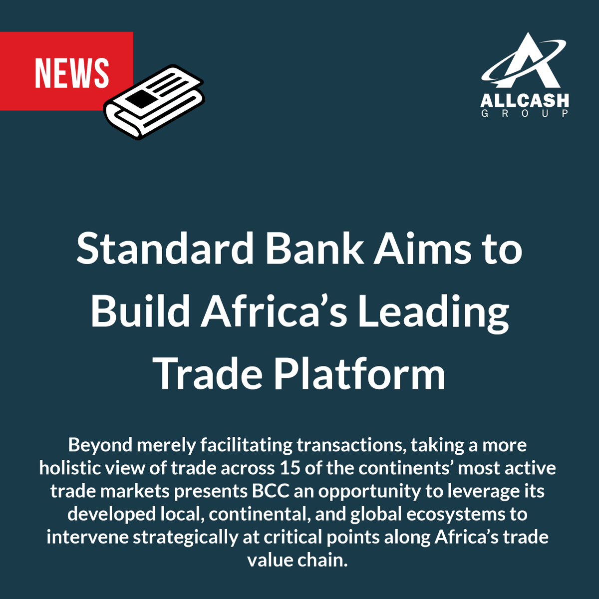 AllCashTech's tweet photo. Standard Bank has an ambition: to build Africa’s dominant business trade platform. Taking a more holistic view of trade across 15 of the continents’ most active trade markets. https://t.co/QAgarYrlQK

#Cash #Money #Business #SouthAfrica #Entrepreneur #Strategy #Success https://t.co/gnTLE3PKRQ